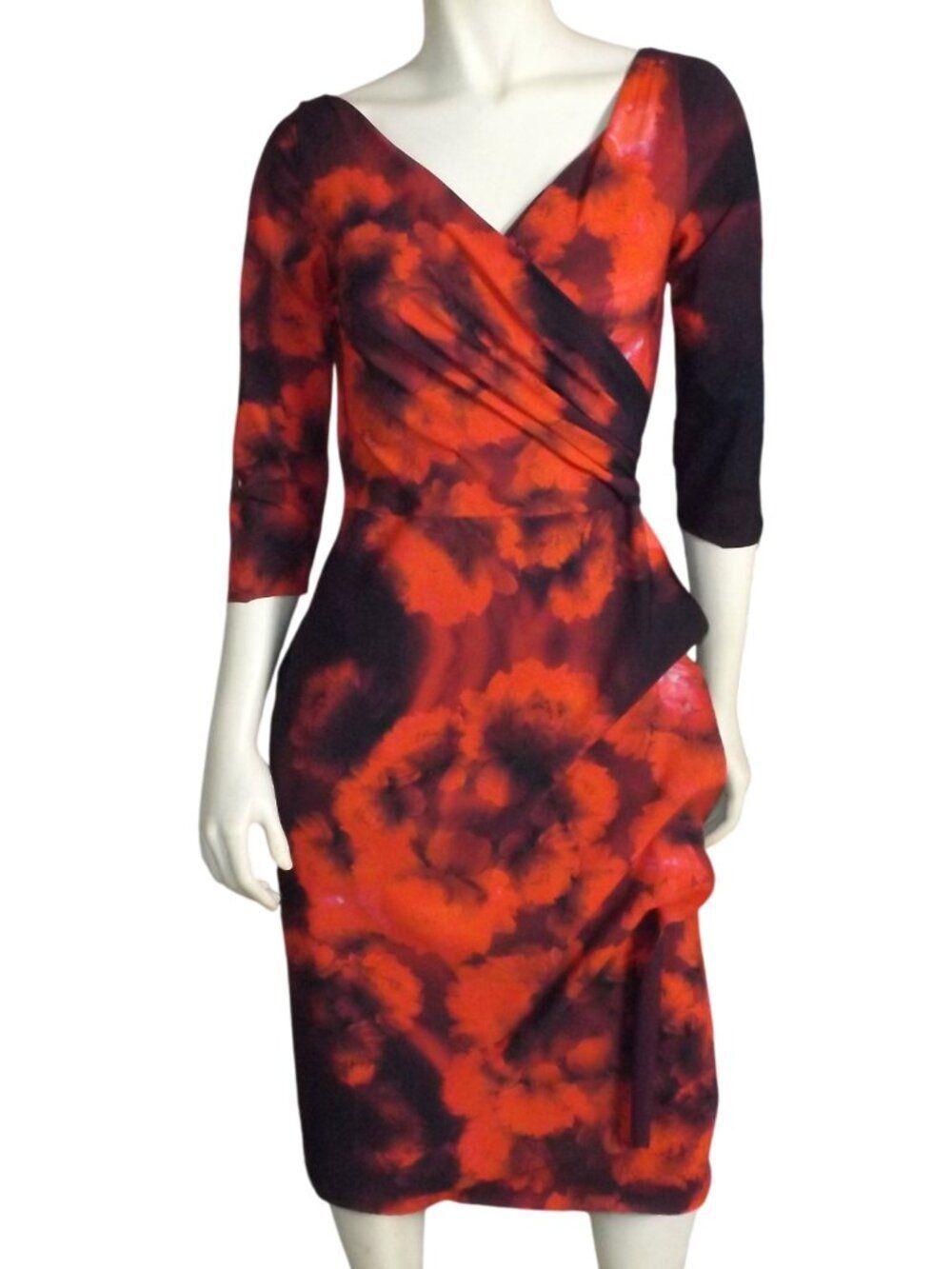 CHIARA BONI Dress, M/L, Floral/Winter Blossom Red, Bodycon, Ruched Skirt, V-neck